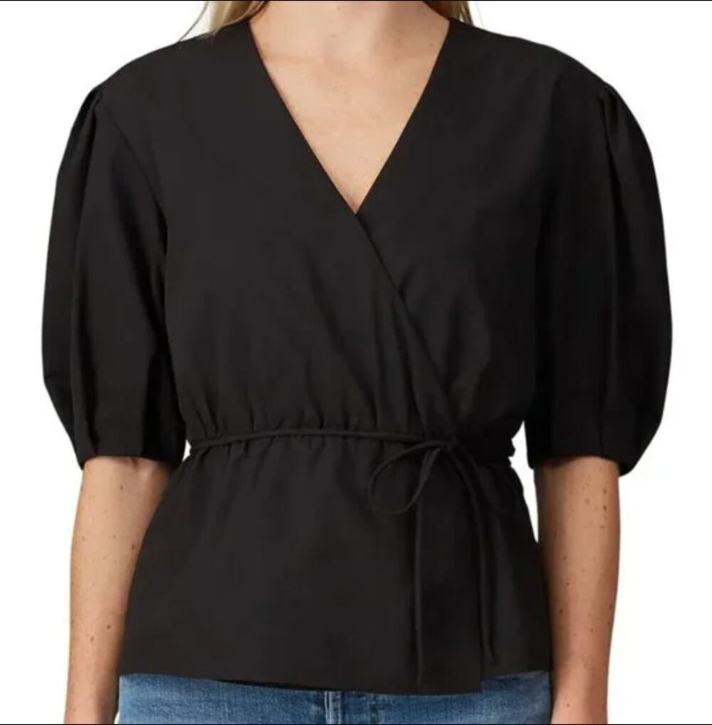 Rebecca Minkoff Mary Wrap Blouse Size S Black Crepe Puff Sleeve V-Neck
